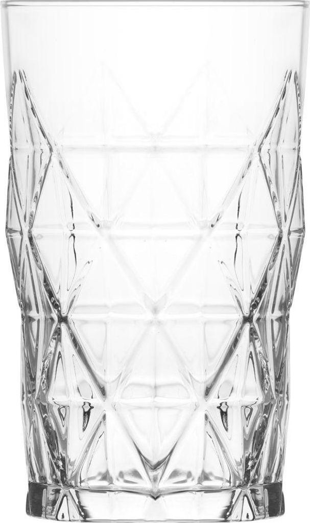A clear, front-facing studio shot of a glass tumbler with a geometric pattern.