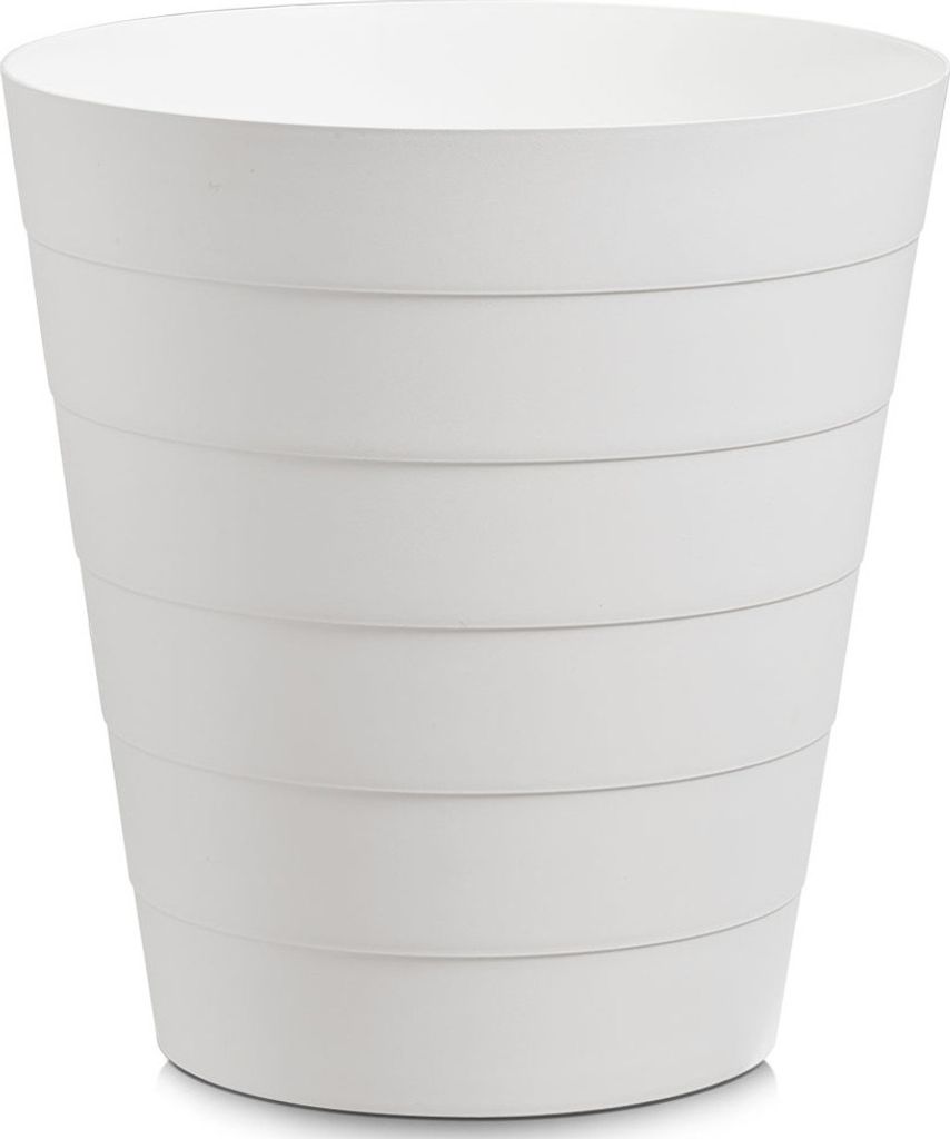 A white plastic trash can with horizontal ridges.