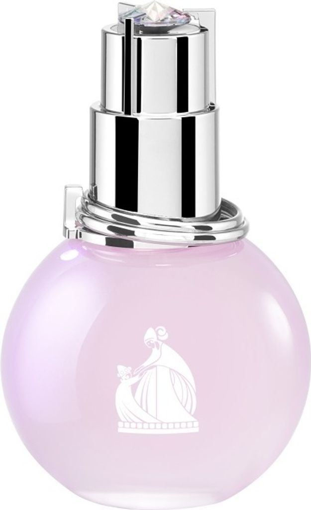A close-up studio shot of a round, light purple perfume bottle with a silver cap and a decorative silver band around the neck. A white silhouette of two figures is visible on the front of the bottle.