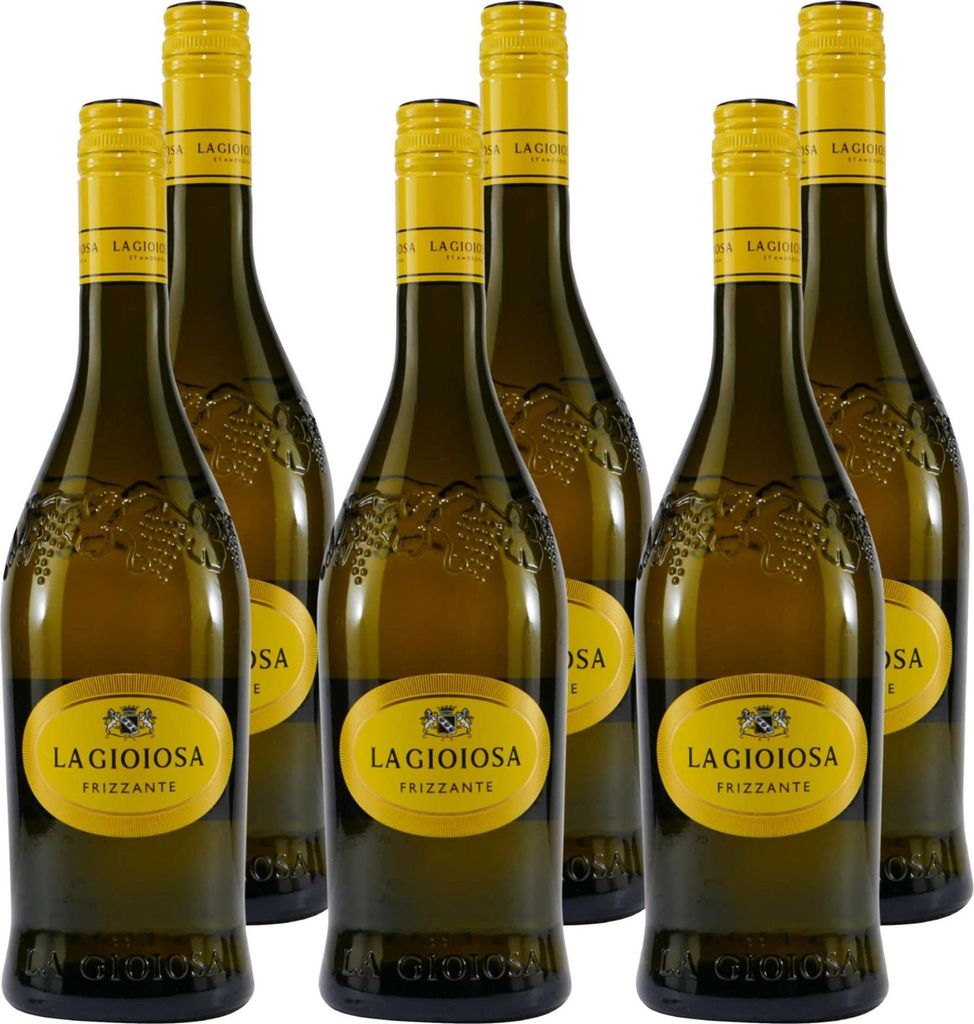 Six bottles of white wine arranged in two rows of three against a white background.