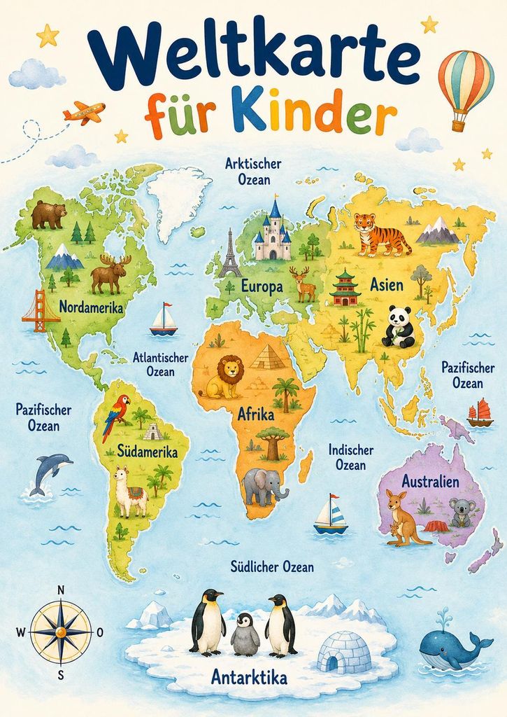Weltkarte für Kinder DIN A2 – Kinderposter mit Kontinenten, Produktbild 