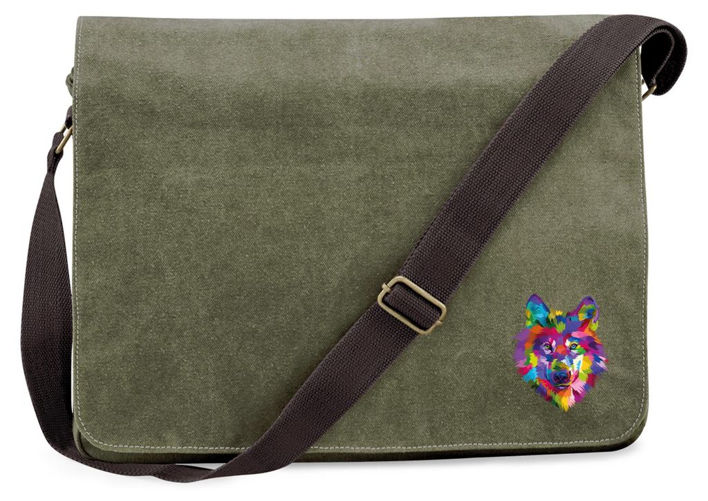 Huuraa Umhängetasche Wolf Colorful 14 Liter Military Green Canvas Laptoptasche Geschenkidee