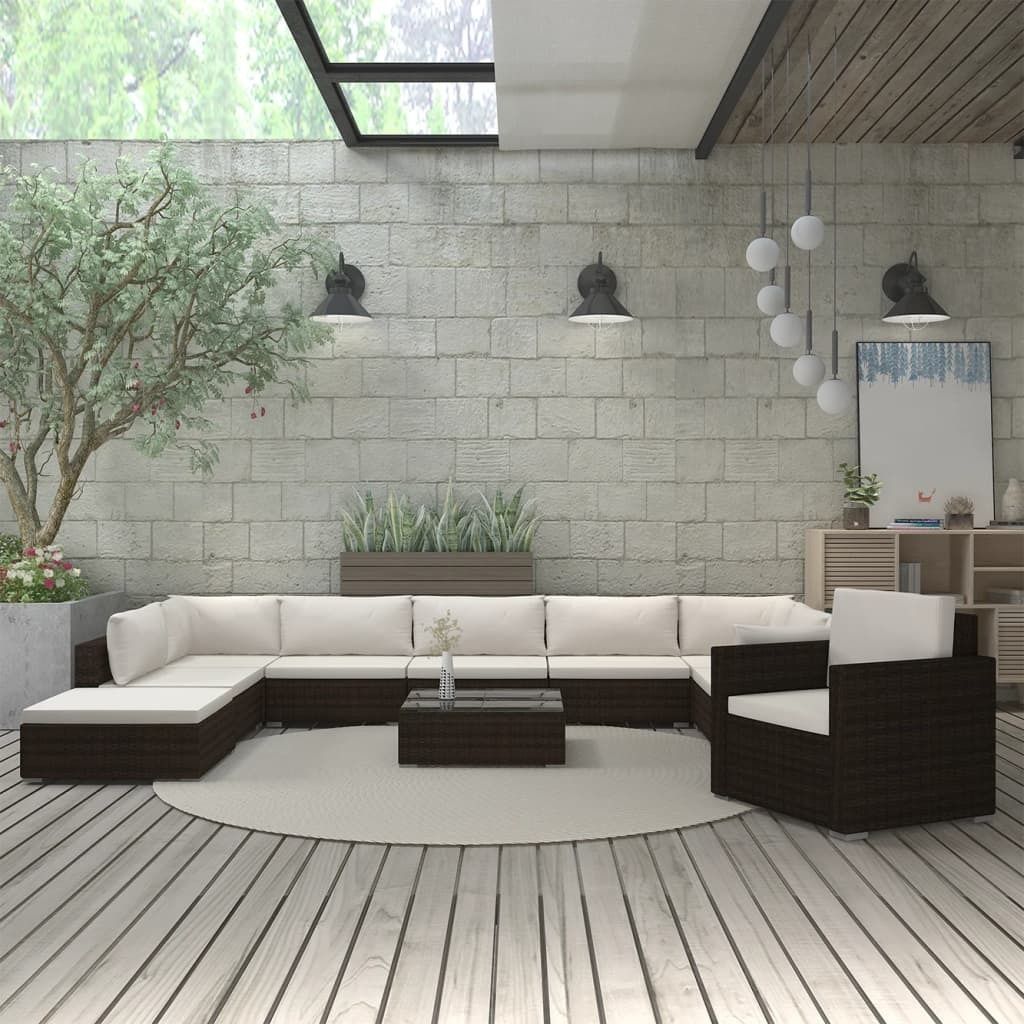 11-tlg. Garten-Lounge-Set mit Auflagen Poly Rattan Braun Produktbild 