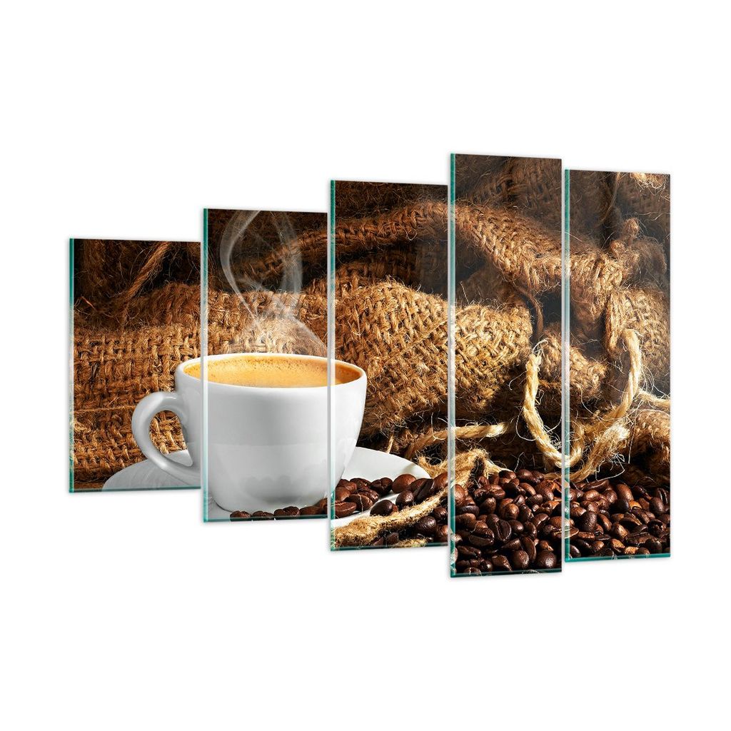 Bilder auf glas - Cappuccino Tasse Körner Beutel - 150x100cm - Glasbilder - Wandbilder - Kunstdruck - zum Aufhängen bereit - Wanddekoration aus G...
