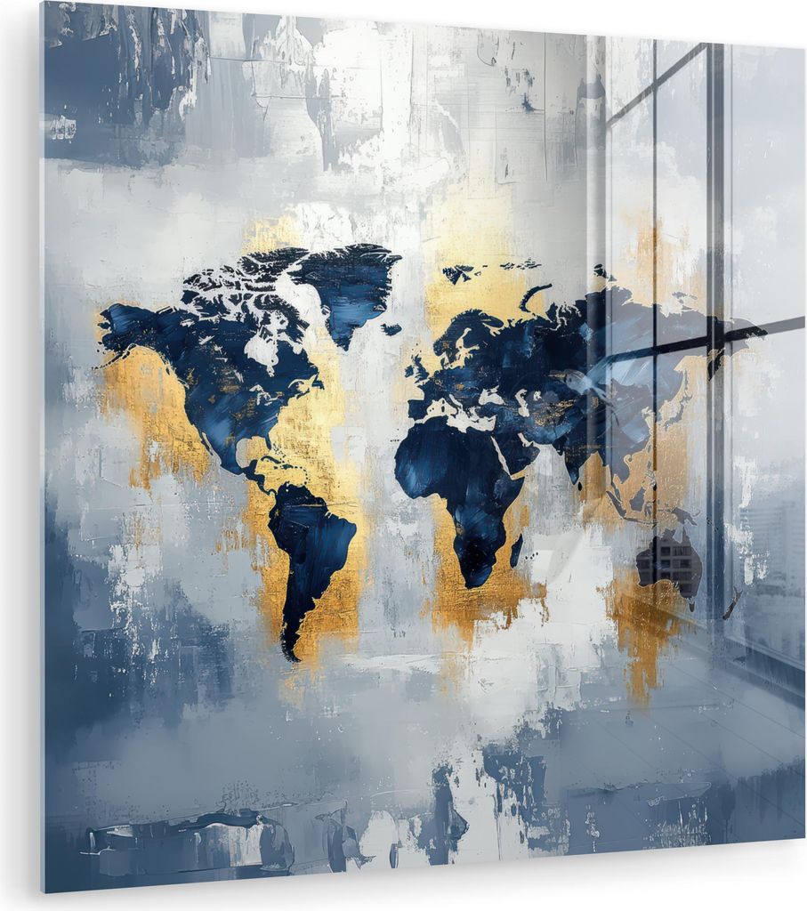 MuchoWow Glasbilder - Bilder auf Wandbild - Foto auf Glas Weltkarte - Blau - Abstrakt 90x90 cm Wanddekoration aus Glas - Acrylglasbild - Acrylbilde...