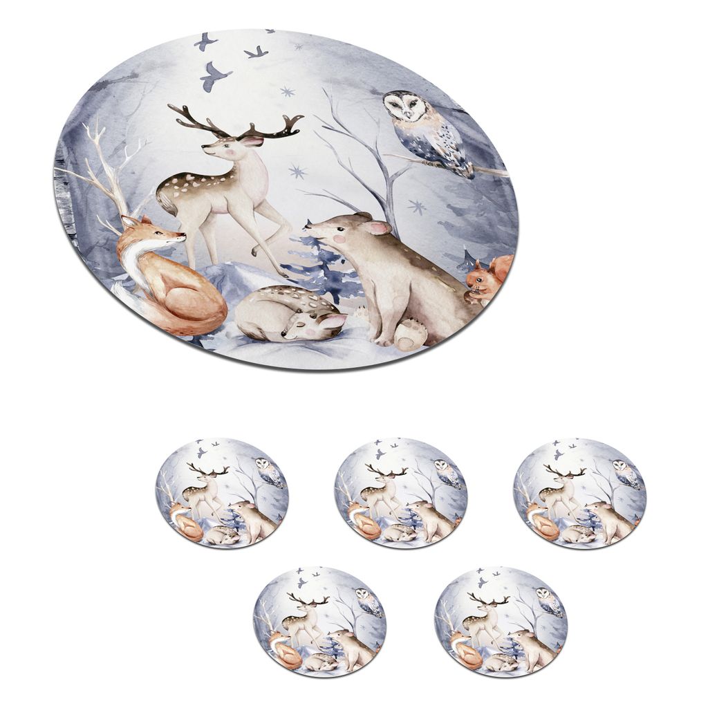 KitchenYeah Glasuntersetzer Rund 6er Set Wald - Winter - Weihnachten 10x10 cm Untersetzer für Gläser - Getränkeuntersetzer - Tischplattenschut...