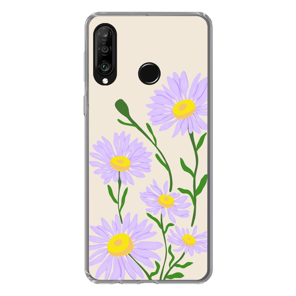 MuchoWow Handyhülle Schutzhülle Hülle für Huawei P30 Lite Blume - Lila - Minimalismus Silikon Softcase Handy Hülle - Handyhülle - Geburtsta...