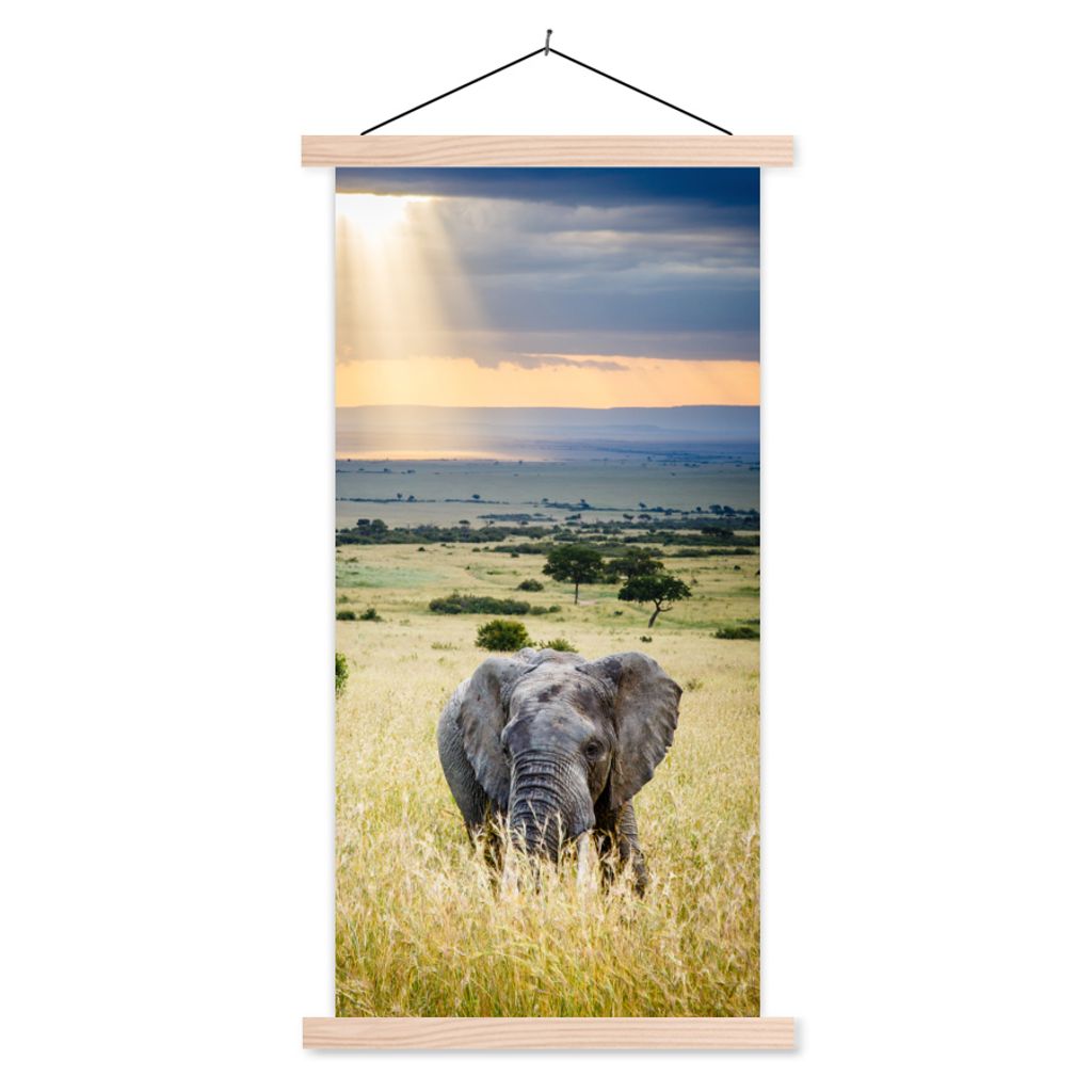 MuchoWow Textilposter Elefant - Tiere - Landschaft - Sonne - Natur 60x120 cm mit holzfarbenen Rahmen - Holz
