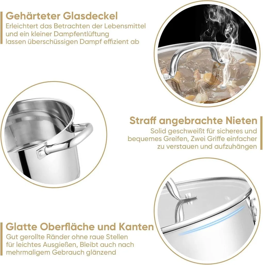 Pentola 20cm in acciaio inox a 3 strati con coperchio in vetro 3,7L per tutti i tipi di piano cottura - 4