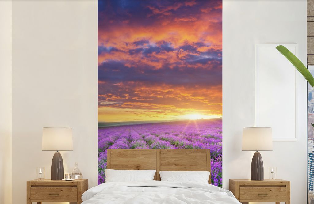 MuchoWow Fototapete für Wohnzimmer oder Schlafzimmer Wandtapete Vinyl Motivtapete Lavendel - Wolken - Frühling - 120x240 cm - Hintergrundbild