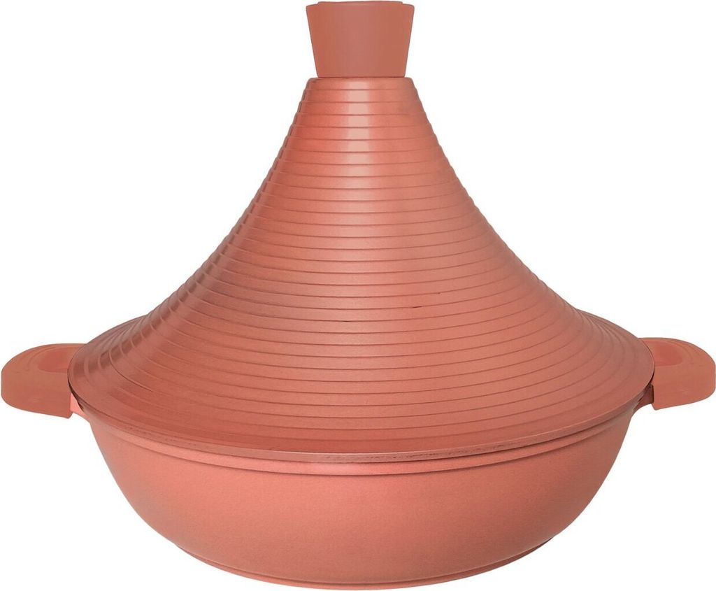 A terracotta-colored tajine pot with a conical lid and handles, presented against a white background.