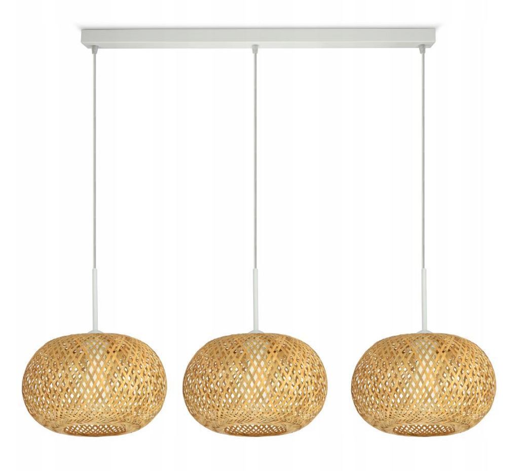 A three-light pendant lamp with bamboo shades.