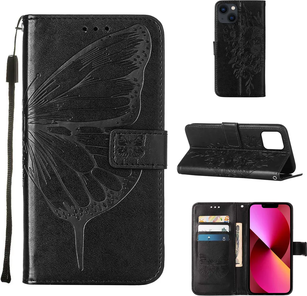 Custodia iPhone 13 Mini Portafoglio Farfalla Goffrata | Pelle Nera