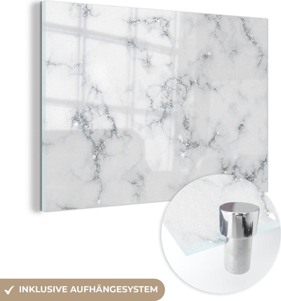 MuchoWow Glasbilder - Bilder auf Wandbild - Foto auf Glas Marmoroptik - Weiß - Grau 120x80 cm Wanddekoration aus Glas - Acrylglasbild - Acrylbilde...