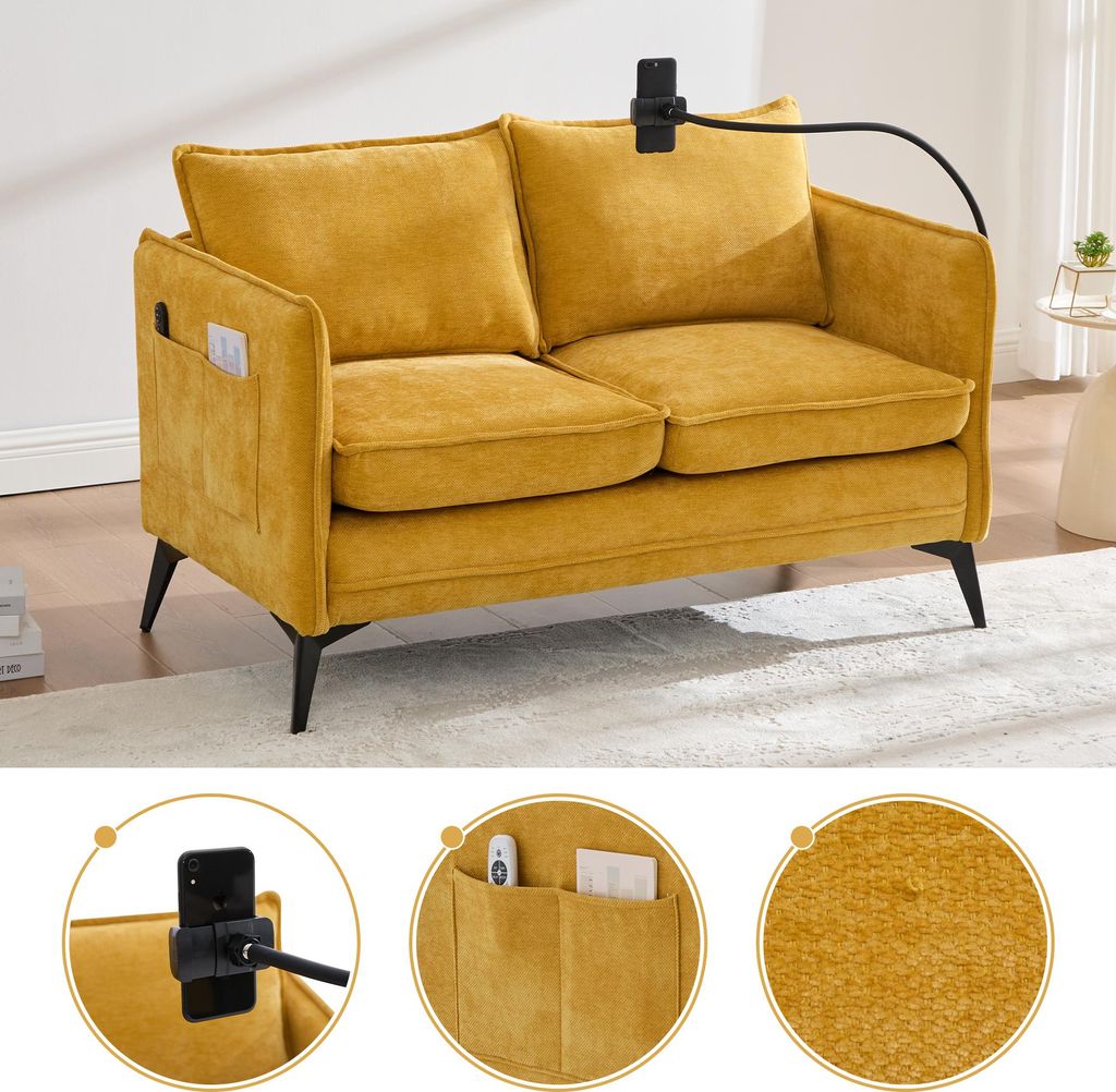 Modernes Zweisitzer Sofa – kleines Stoffsofa mit Stauraum, Seitentaschen & verstellbarem Handyhalter, für Wohnzimmer, Schlafzimmer & Balkon, Gelb