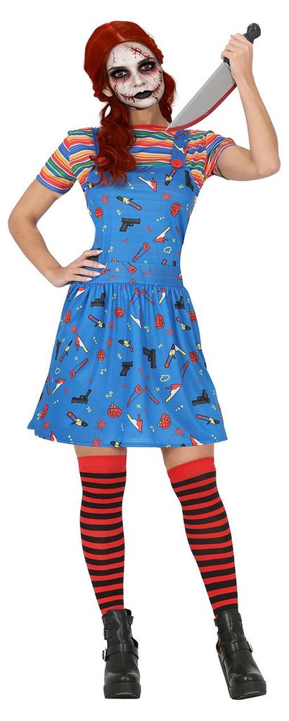 Killerpuppe Kostüm Damen mit Latzkleid & buntem Ringelshirt Produktbild 