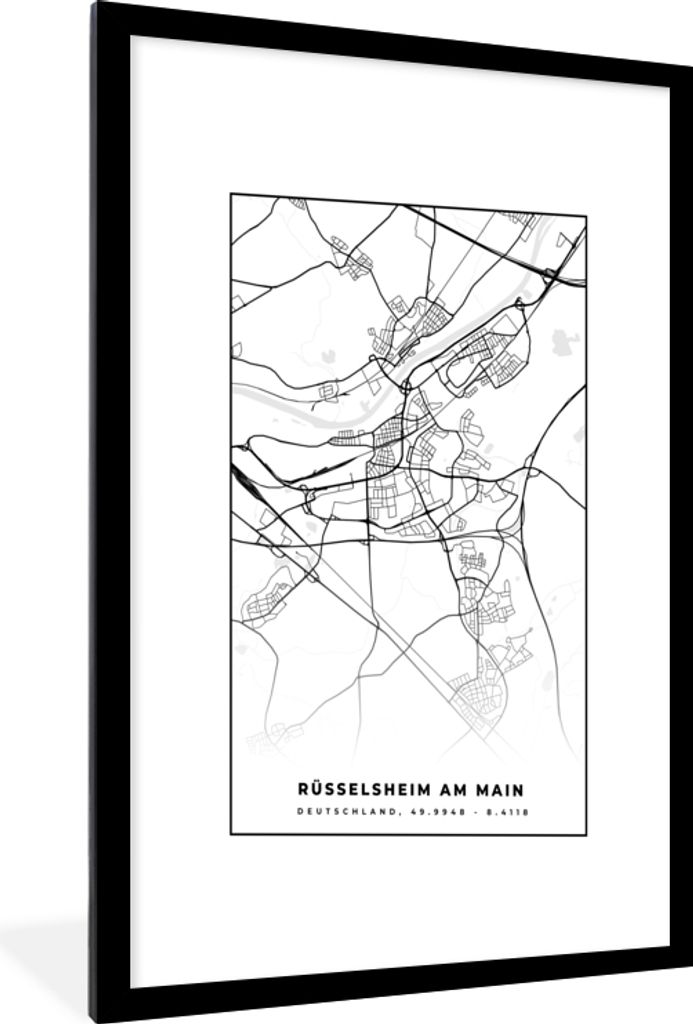 MuchoWow Gerahmtes Poster Karte - Rüsselsheim am Main - Stadtplan 60x90 cm - Poster mit Schwarzem Bilderrahmen Wandposter Rahmen Foto Bilder - D...