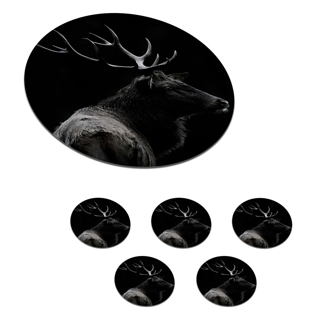 KitchenYeah Glasuntersetzer Rund 6er Set Hirsch - Schwarz - Porträt - Geweih - Tiere 10x10 cm Untersetzer für Gläser - Getränkeuntersetzer - ...