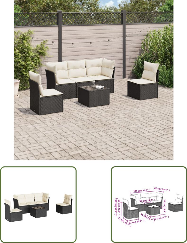The Living Store 6-tlg. Garten-Sofagarnitur mit Kissen Schwarz Poly Rattan