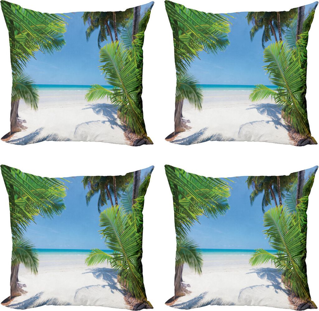 ABAKUHAUS Ozean Kissenbezug Set (4 Stück), Palm Leaf Tropical Beach, Moderner Doppelseitiger Digitaldruck, 50 cm x 50 cm, Green Sky Blau Weiß
