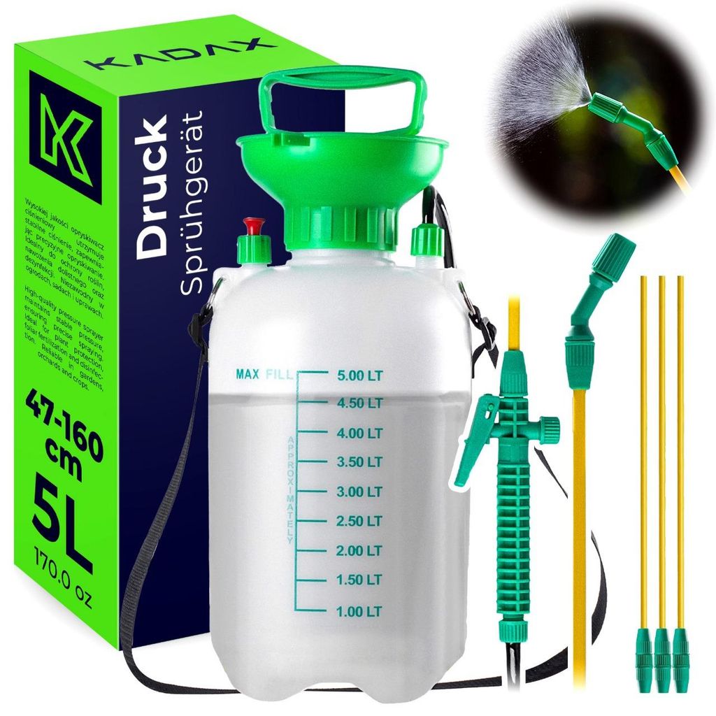 KADAX Drucksprüher 5 Liter, Drucksprühgerät mit 160 cm Lanze, Gartenspritze, Pflanzensprüher für Garten & Gewächshaus, Pumpsprühflasche