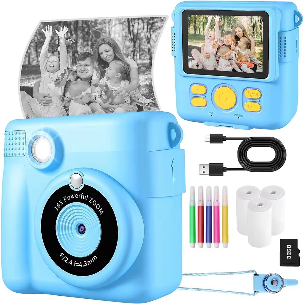 Kompaktkameras, Kinder-Polaroidkamera, Thermodruck-Kamera, 1080P HD-Kinderkamera, Mit 32GB TF-Karte, 3 Rollen Papier, 5 Farbstiften