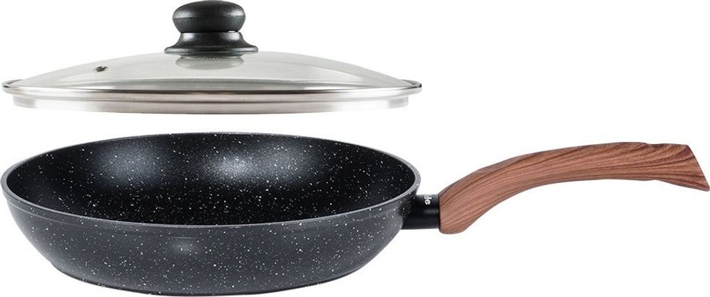 A frying pan with a glass lid, shown against a white background.