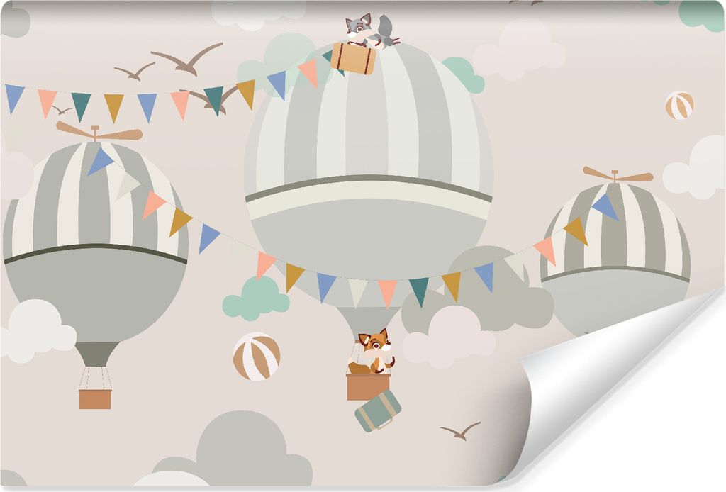 Muralo Vlies Fototapete für Kinderzimmer LUFTBALLONS Tiere Wolken Br. 300cm x Hö. 210cm