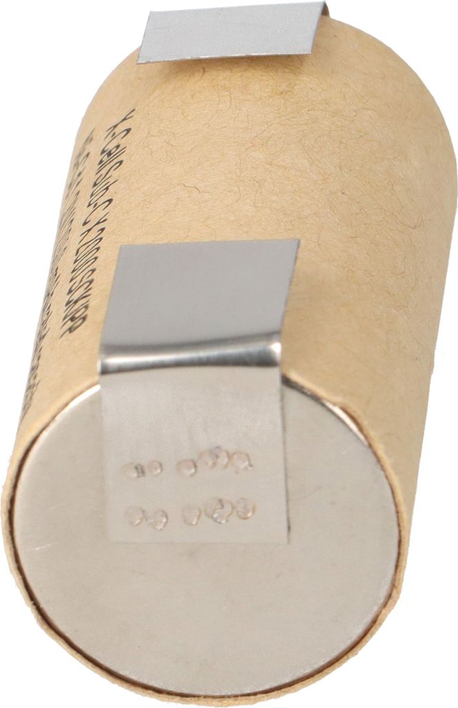 A single battery cell with metal tabs and a paper wrapper.