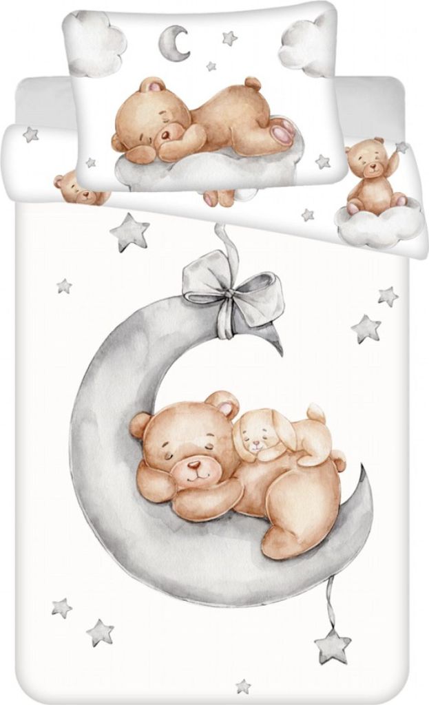 A flat lay image of a baby bedding set featuring teddy bears and a moon.