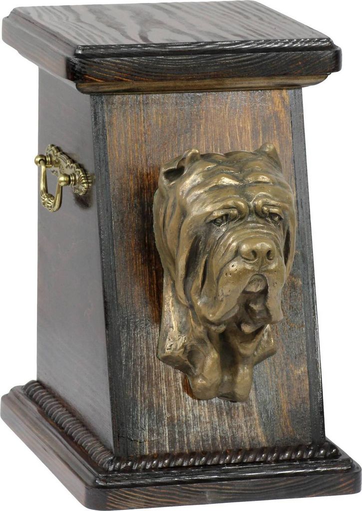 Mastino Napoletano, Neapolitanischer Mastiff eine Ascheurne für Hunde, eine elegante Urne mit einer Statue, eine Gedenkurne mit dem Porträt eines...
