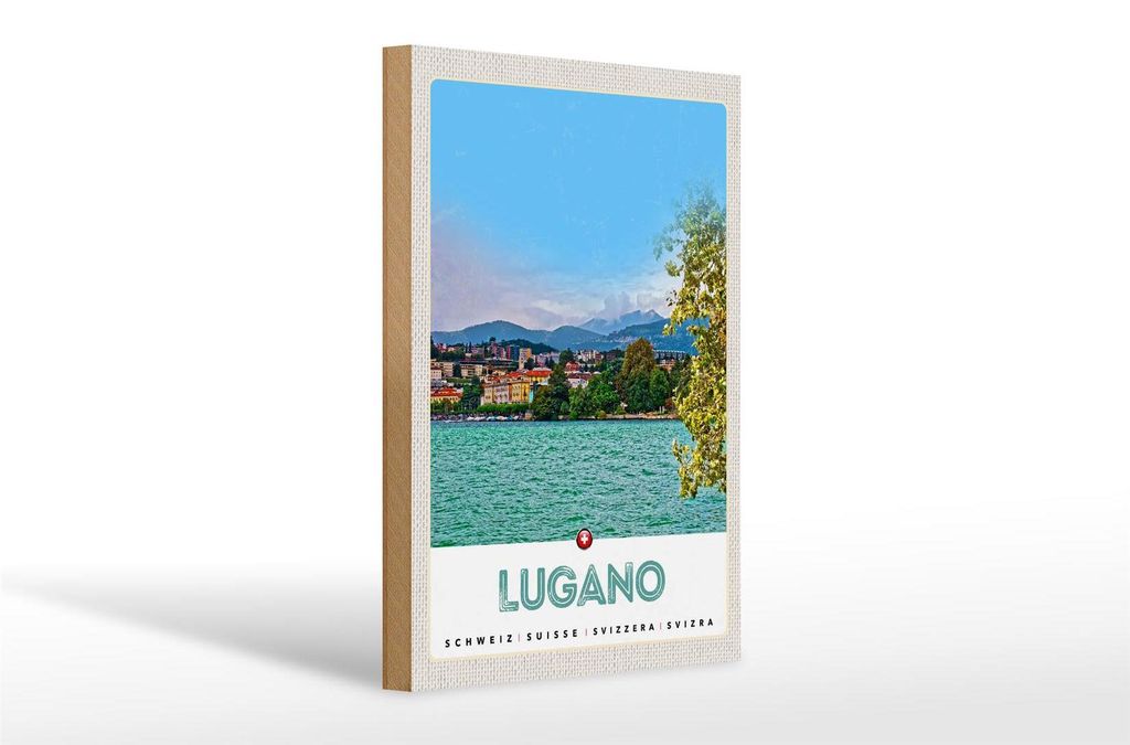 Holzschild Reise 20x30cm Lugano Schweiz See Ausblick Stadt