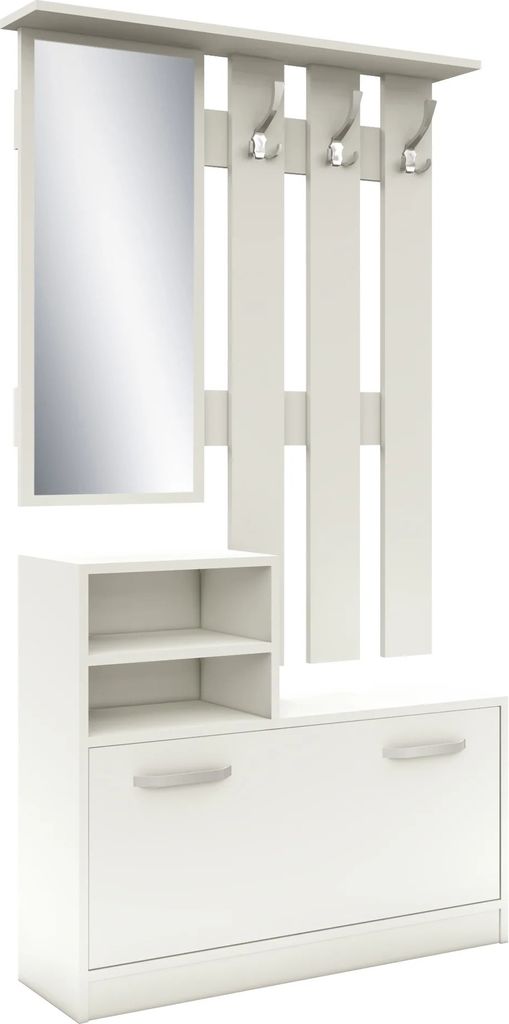 A white entryway storage unit with a mirror, coat hooks, and shoe storage.