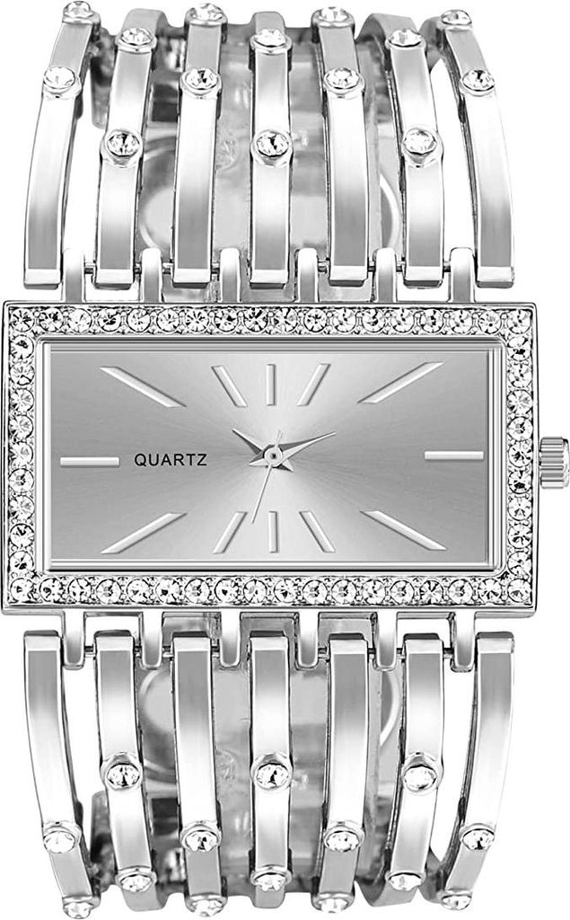 A close-up studio shot of a silver women's watch with a rectangular face and crystal embellishments.