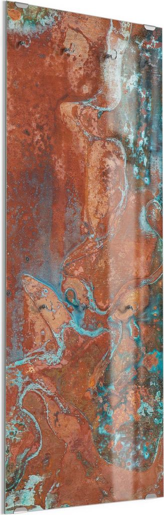 DEQORI Kleiderhaken aus Glas 50x125 cm 'Rostige Kupferplatte' Wand Garderobe Paneel Haken