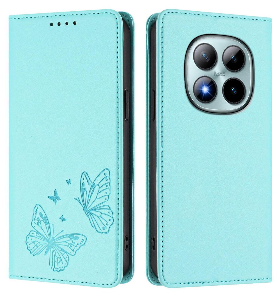 Lederhülle für Xiaomi Redmi Note 15 Pro+, Schmetterling Prägung Leder Brieftasche Schutzhülle mit Ständer Türkis