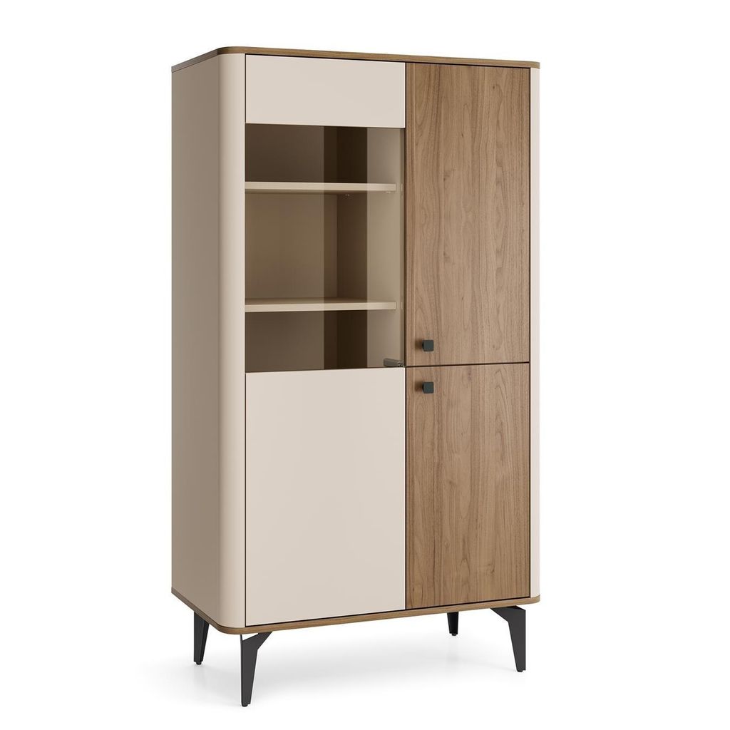 BETTSO Vitrine niedrig AURENA Glasschrank Highboard Schrank Kaschmir Royal Nussbaum, Soft-Close, 88x156x40 cm, Wohnzimmer, Saugroboter-geeignet