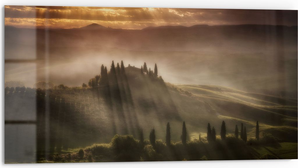 DEQORI Küchenrückwand Glas 80x40 cm 'Morgenlicht Zauber' Spritzschutz Bad Rückwand Küche