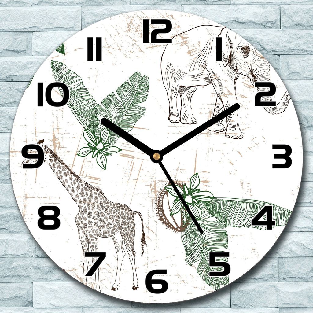 Wanduhr aus Glas Rund fi 30 Giraffe & Elefanten Quarz Deko Wohnzimmer Büro