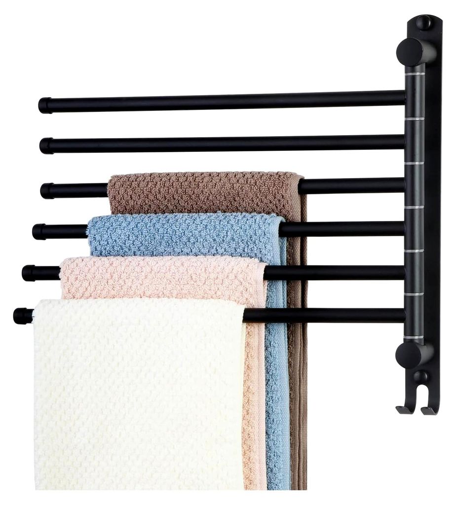 Wandmontierter Handtuchhalter aus Edelstahl, schwenkbar, 6-armig, 34 cm, gebürstet, schwarz, für Küche, WC, Garderobe und Bad