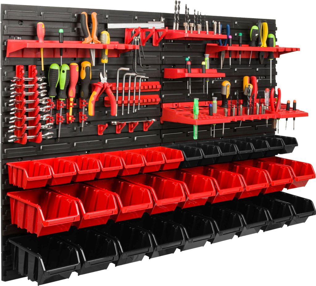 Lagersystem Werkstattregal | 115 x 78 cm | 32 stck. Box | Wandregal mit Werkzeughalterungen und Stapelboxen - Wandplatten Extra Starke Schüttenreg...