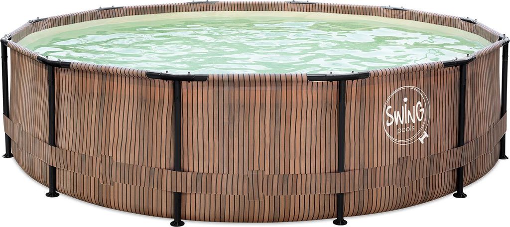 An above-ground swimming pool with a wooden-look exterior and a blue-green interior filled with water.