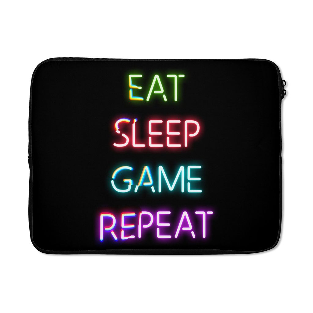 MuchoWow Laptop Hülle 15 Zoll Gaming - Led - Zitat - Eat sleep game repeat - Gaming Laptoptasche - Laptoptasche - Sleeve - Rundum-Schutz - Coole...