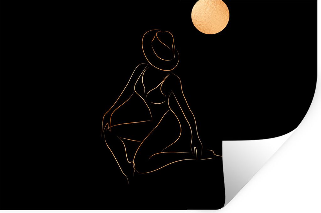 MuchoWow Wandtattoo Wandsticker Wandaufkleber Frau - Hut - Mond - Strichzeichnung 90x60 cm Selbstklebend und Repositionierbar - Aufkleber