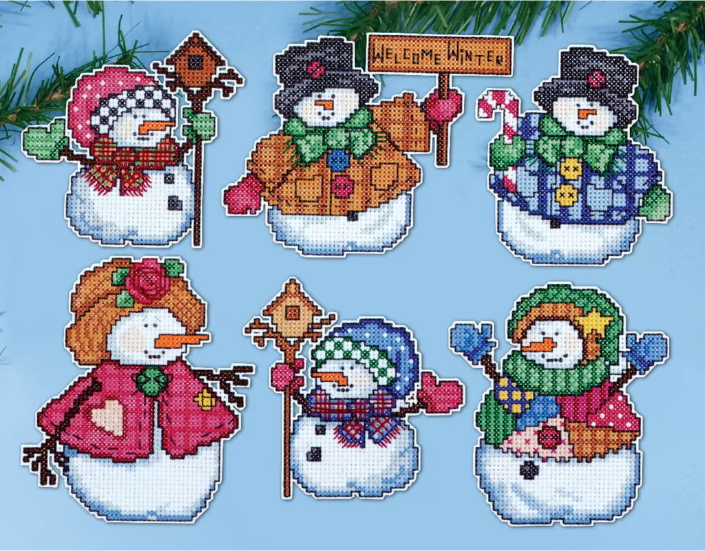 Set Ricamo Natale Design Works 6 Pupazzi Neve Punto Croce Kit