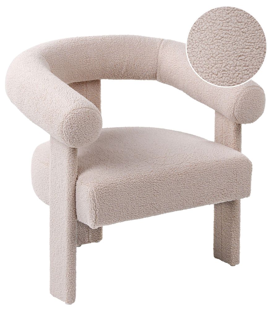 BELIANI Sessel Hellbeige Bouclé Teddy Optik Komplett Gepolstert mit Armlehnen Holzbeine Geschwungene Rückenlehne Organische Form Retro Design