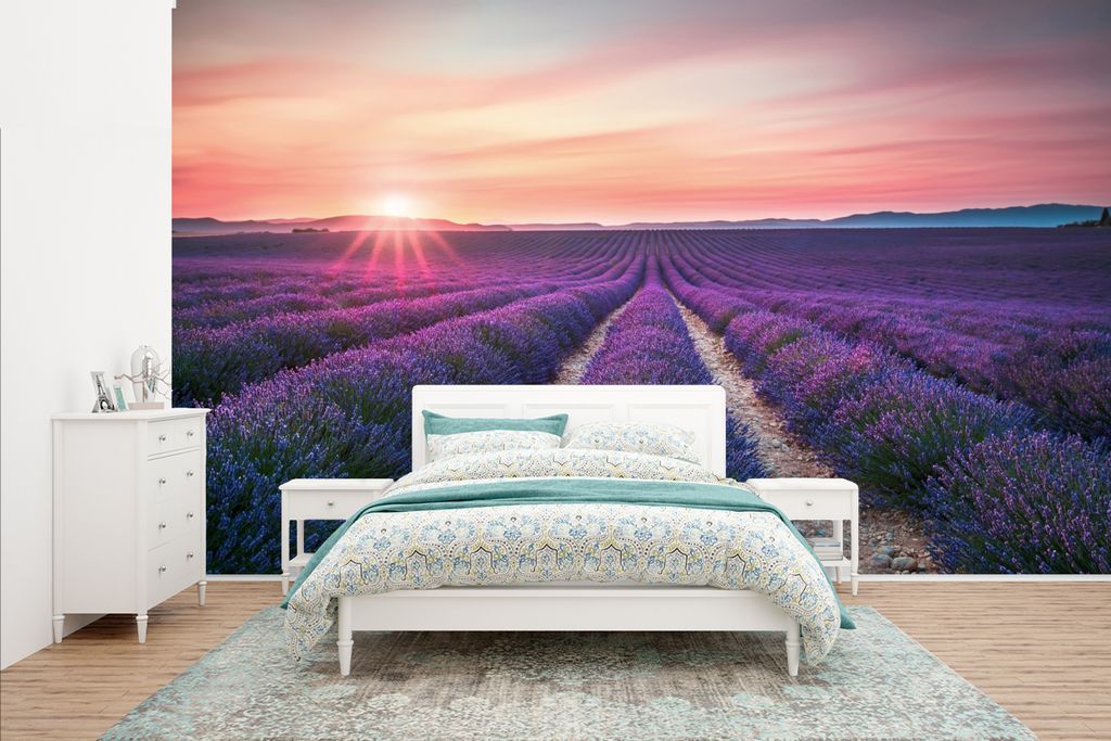 MuchoWow Fototapete für Wohnzimmer oder Schlafzimmer Wandtapete Vinyl Motivtapete Lavendel - Lila - Blumen - 435x260 cm - Kinderzimmer