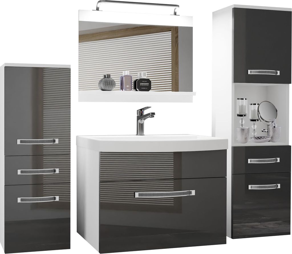 BELINI Badmöbel Vollausstattung Set Waschbeckenschrank, 1x kleiner Schrank, 1xHochschrank, Waschbecken, Spiegel, Lampe (Grau, Glänzend)