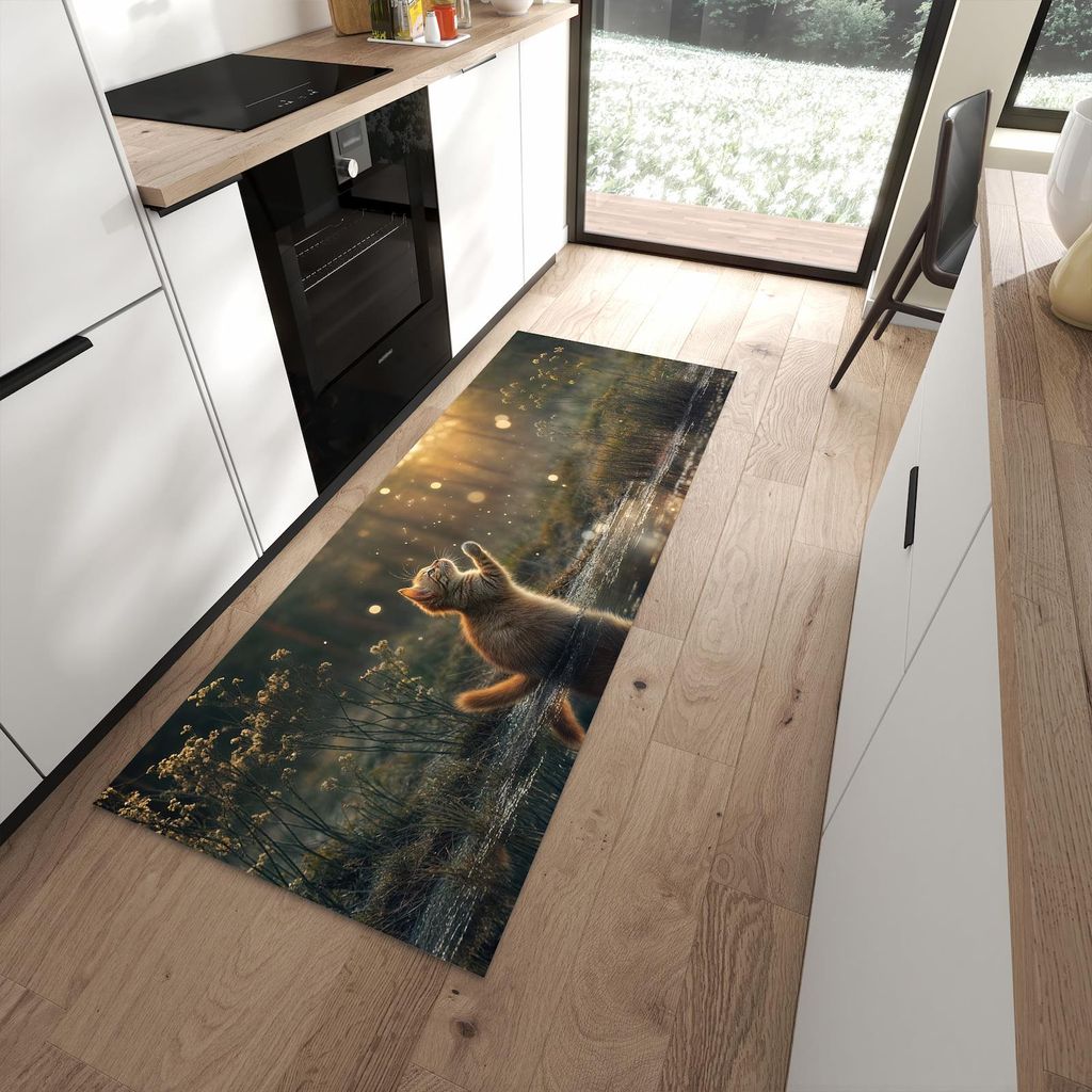 Küchenteppich 80x200cm rutschfest & abwischbar PVC Läufer - Katze mit Marienkäfer