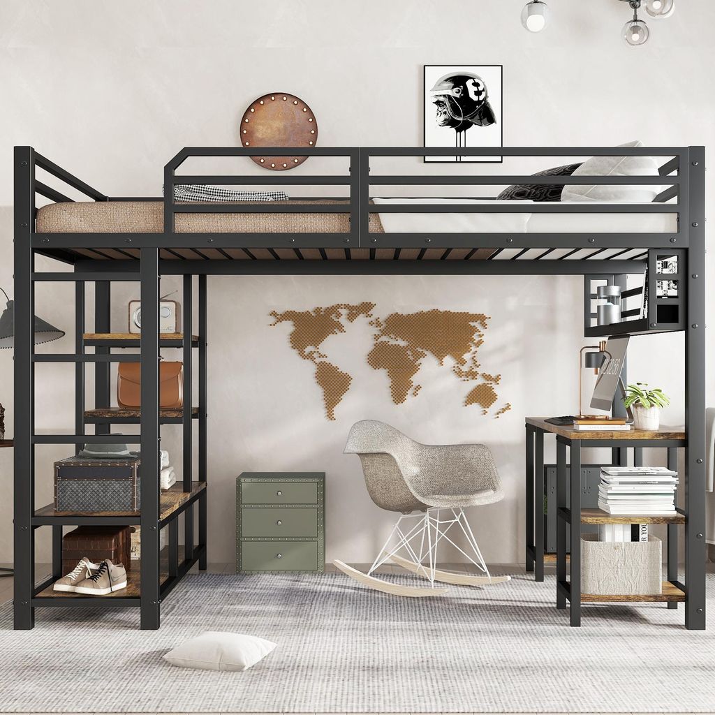 A loft bed with a desk and shelves in a room setting.